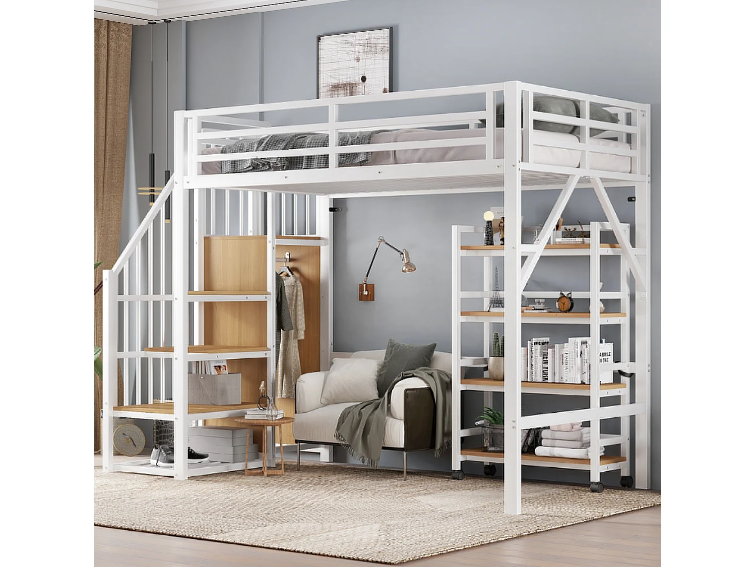 Lit mezzanine 90x200 cm en métal avec étagère 4 niveaux sur roulettes, garde-corps de sécurité, armoire d'angle avec tringle, métal et MDF, blanc et naturel