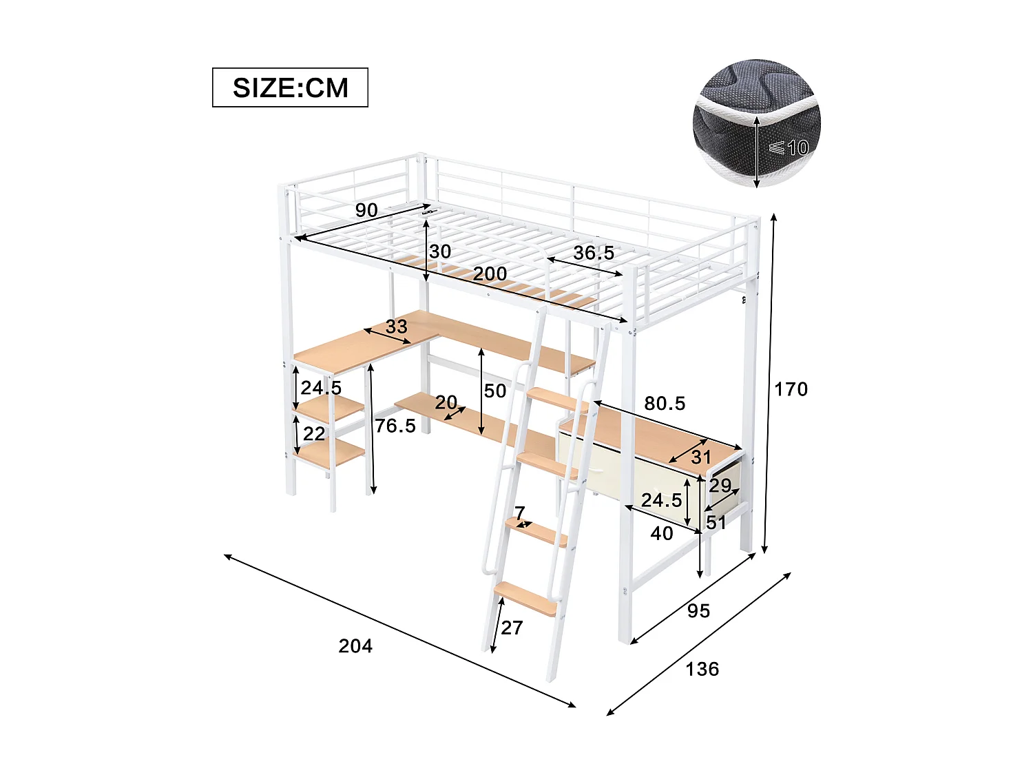Lit mezzanine 90x200 cm en métal avec étagère 4 niveaux, garde-corps, armoire d'angle avec tringle, métal et MDF, blanc et naturel