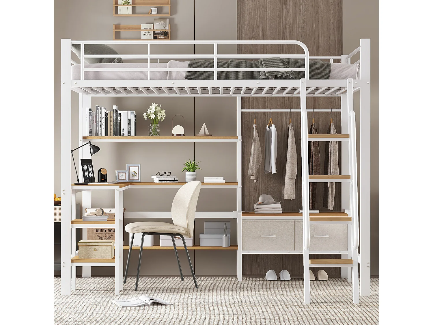Cama alta metálica de 90x200 cm con estante de 4 niveles, barandilla, armario esquinero con barra para colgar ropa, metal y MDF, blanco y natural