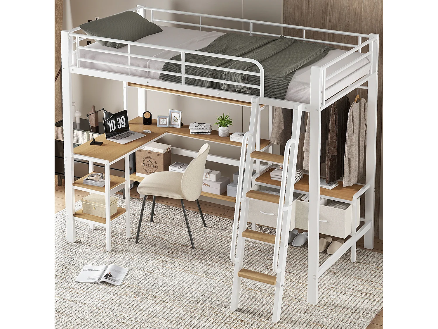 Cama alta metálica de 90x200 cm con estante de 4 niveles, barandilla, armario esquinero con barra para colgar ropa, metal y MDF, blanco y natural