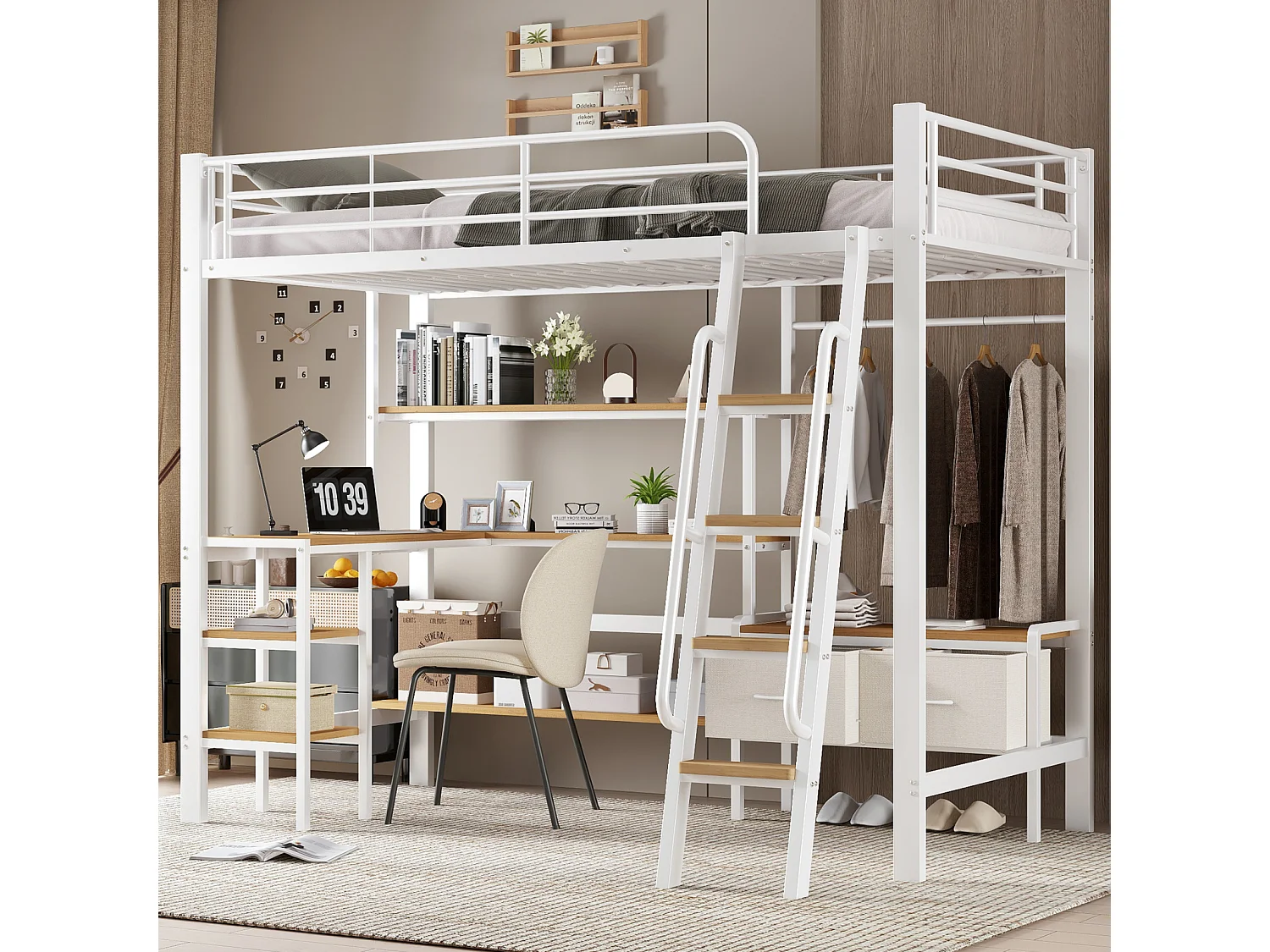 Cama alta metálica de 90x200 cm con estante de 4 niveles, barandilla, armario esquinero con barra para colgar ropa, metal y MDF, blanco y natural