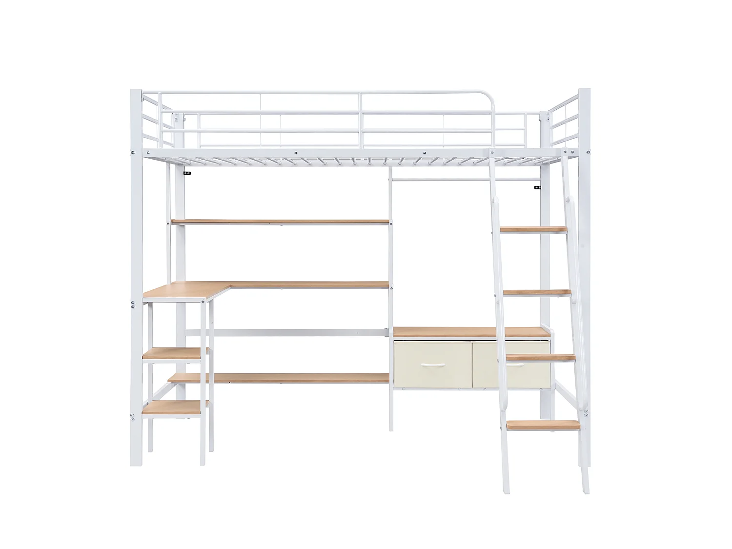 Cama alta metálica de 90x200 cm con estante de 4 niveles, barandilla, armario esquinero con barra para colgar ropa, metal y MDF, blanco y natural