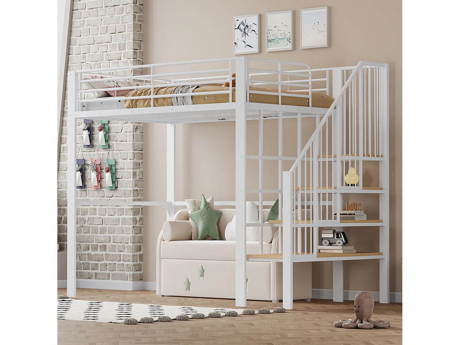 Cama alta robusta em metal (140x200 cm) com amplo espaço de armazenamento e escada, ideal para crianças e adultos, otimizando o espaço.