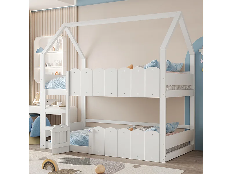 Letto a castello per bambini 90x200 cm, design a forma di casa, sponda alta, rete a doghe, ideale per maschi e femmine, bianco