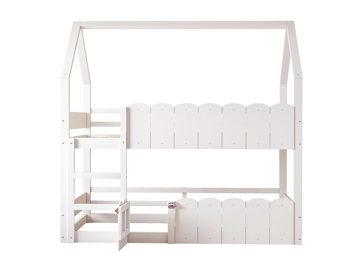 Letto a castello per bambini 90x200 cm, design a forma di casa, sponda alta, rete a doghe, ideale per maschi e femmine, bianco