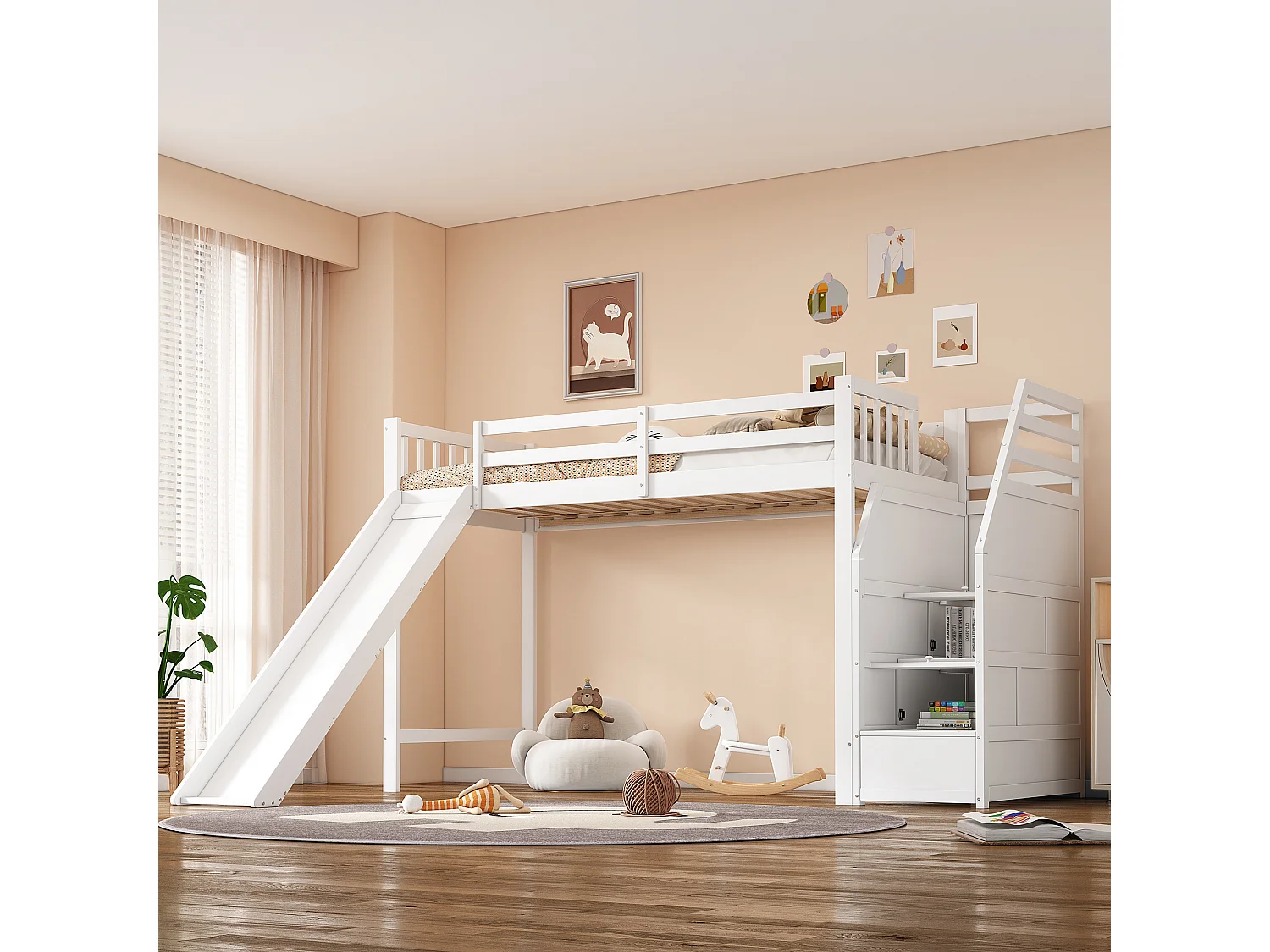 Lit superposé pour enfant 90x200 cm avec toboggan et échelle de rangement, certifié EN747, sans matelas, couleur blanche