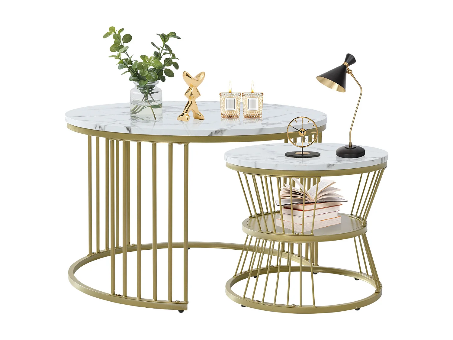 Set aus 2 runden Couchtischen – mit glänzendem Marmorsockel – für das Wohnzimmer – Gold und Weiß