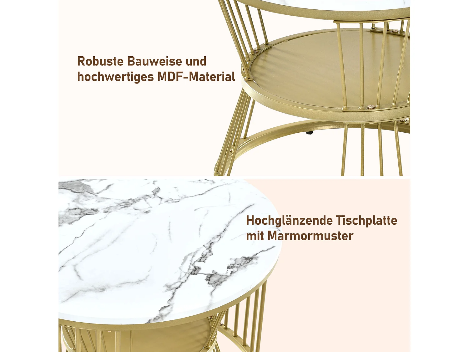 Set aus 2 runden Couchtischen – mit glänzendem Marmorsockel – für das Wohnzimmer – Gold und Weiß
