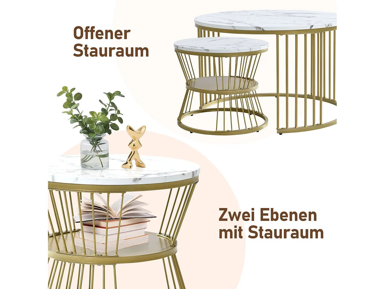 Set aus 2 runden Couchtischen – mit glänzendem Marmorsockel – für das Wohnzimmer – Gold und Weiß
