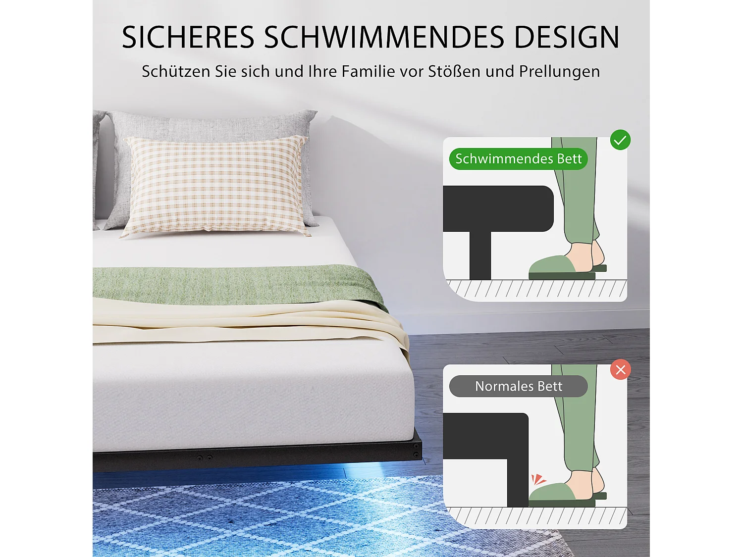 140 x 200 cm großes Metall-Wandbett mit LED-Beleuchtung, Lattenrost, stabilem Rahmen, einfach zu montieren, für ein Jugendzimmer, schwarz