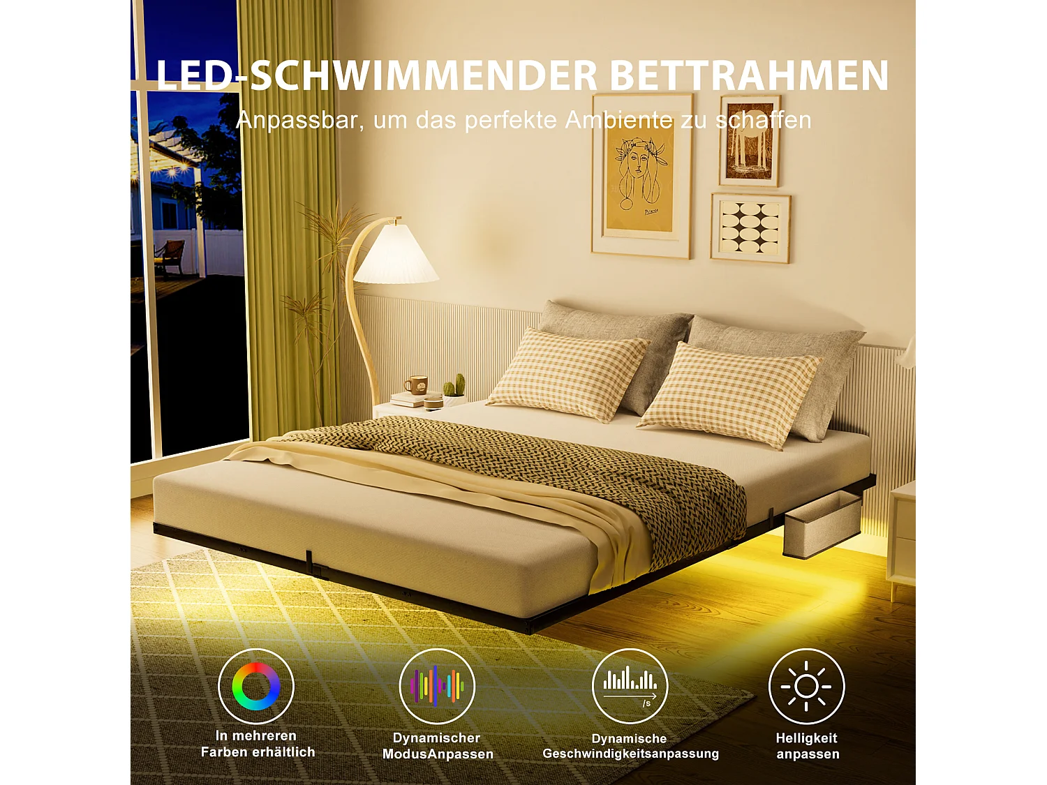 Lit suspendu 140x200 cm en métal, éclairage LED, sommier à lattes métallique, cadre robuste, facile à monter, pour chambre ado, noir