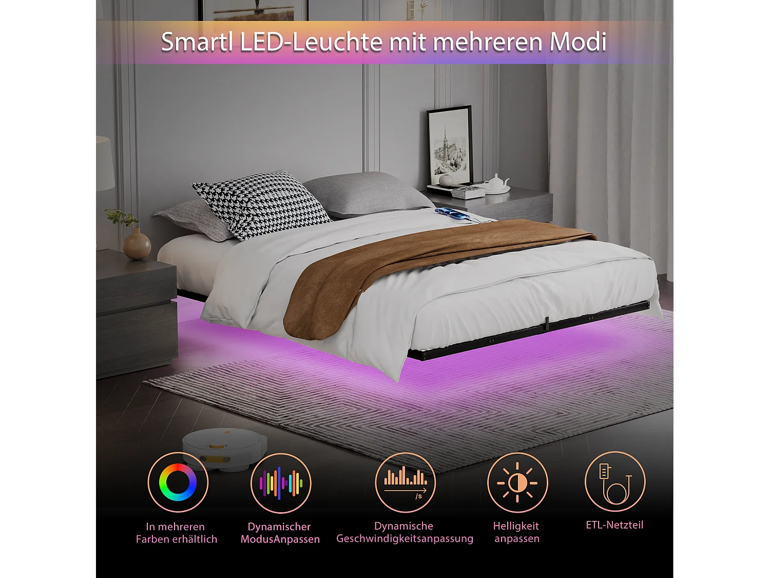 Lit suspendu 140x200 cm en métal, éclairage LED, sommier à lattes métallique, cadre robuste, facile à monter, pour chambre ado, noir