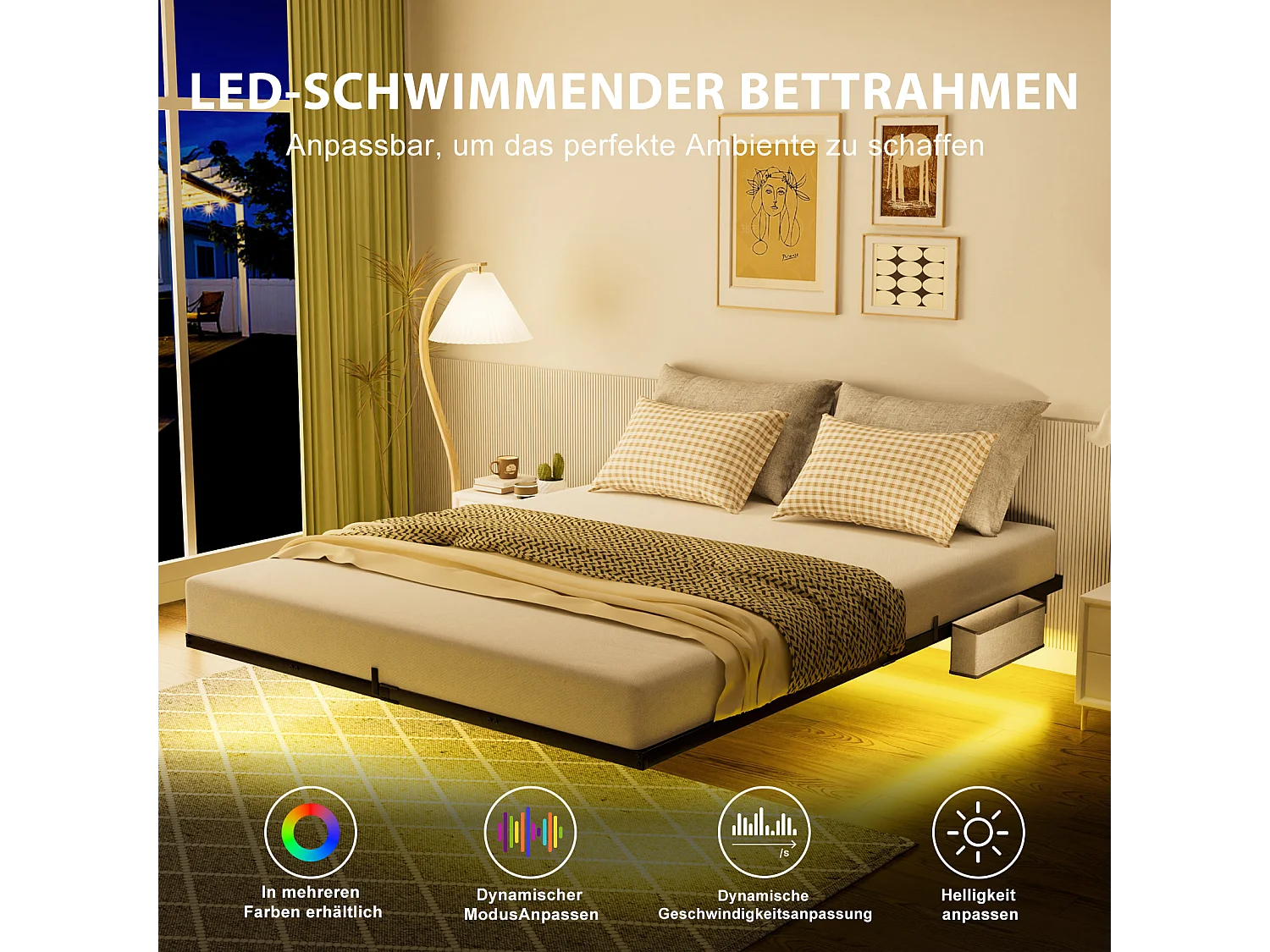 Lit suspendu 140x200 cm en métal, éclairage LED, sommier à lattes métallique, cadre robuste, facile à monter, pour chambre ado, noir