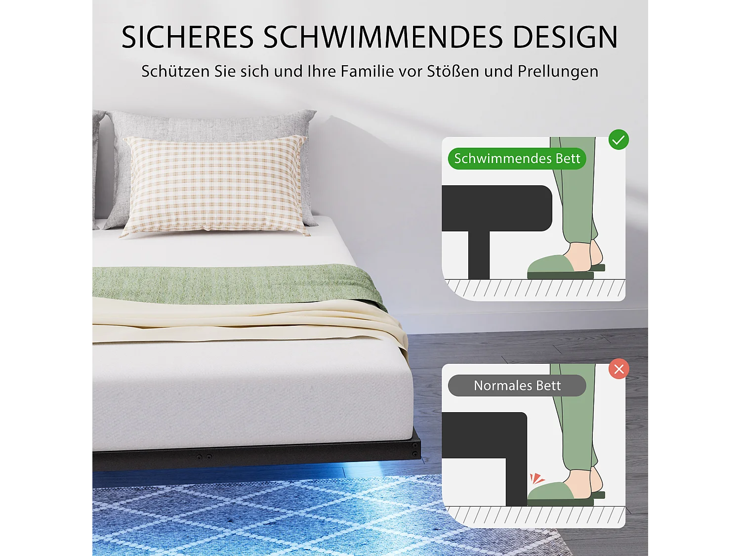 Lit suspendu 140x200 cm en métal, éclairage LED, sommier à lattes métallique, cadre robuste, facile à monter, pour chambre ado, noir