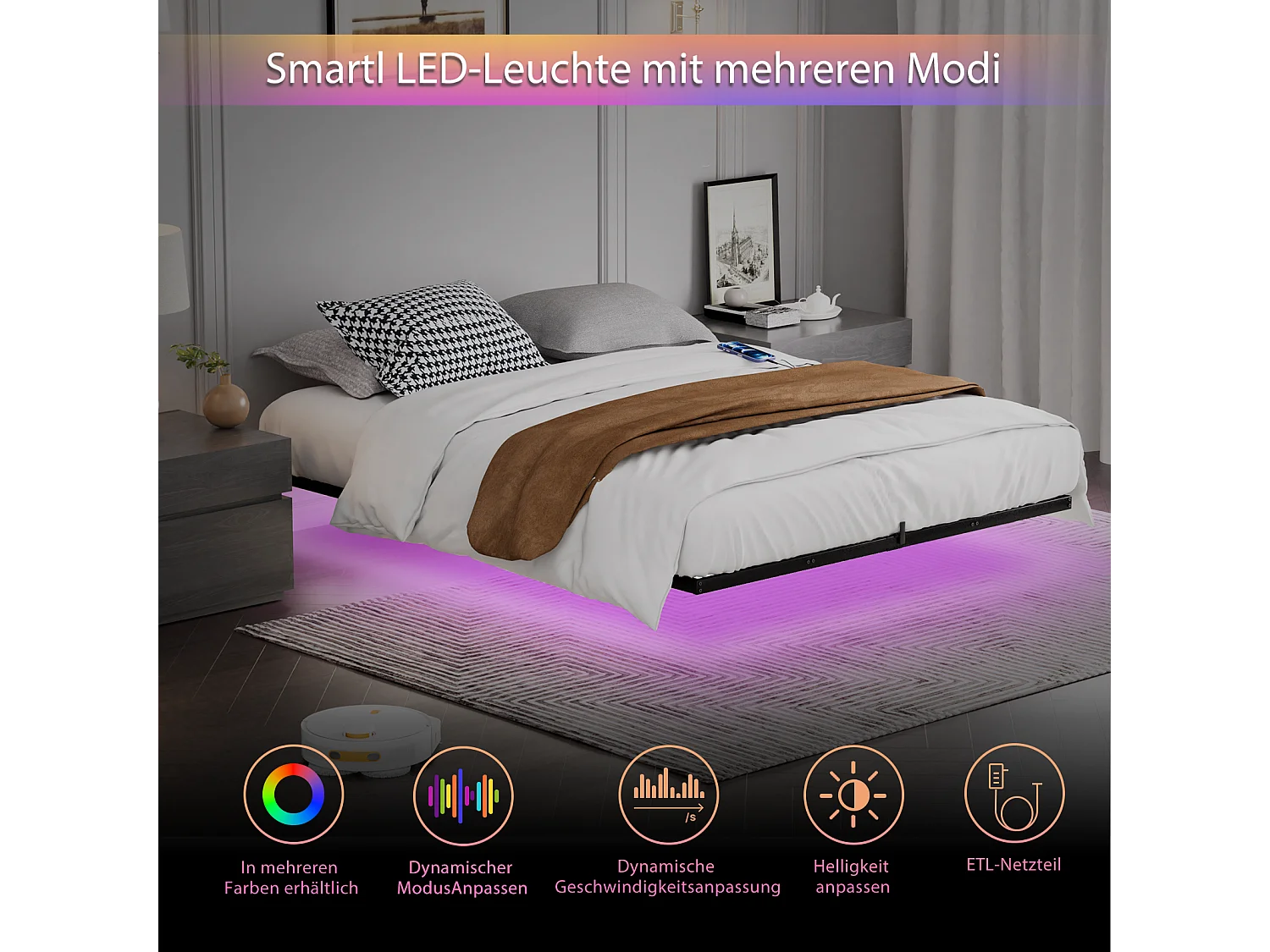 Lit suspendu 140x200 cm en métal, éclairage LED, sommier à lattes métallique, cadre robuste, facile à monter, pour chambre ado, noir