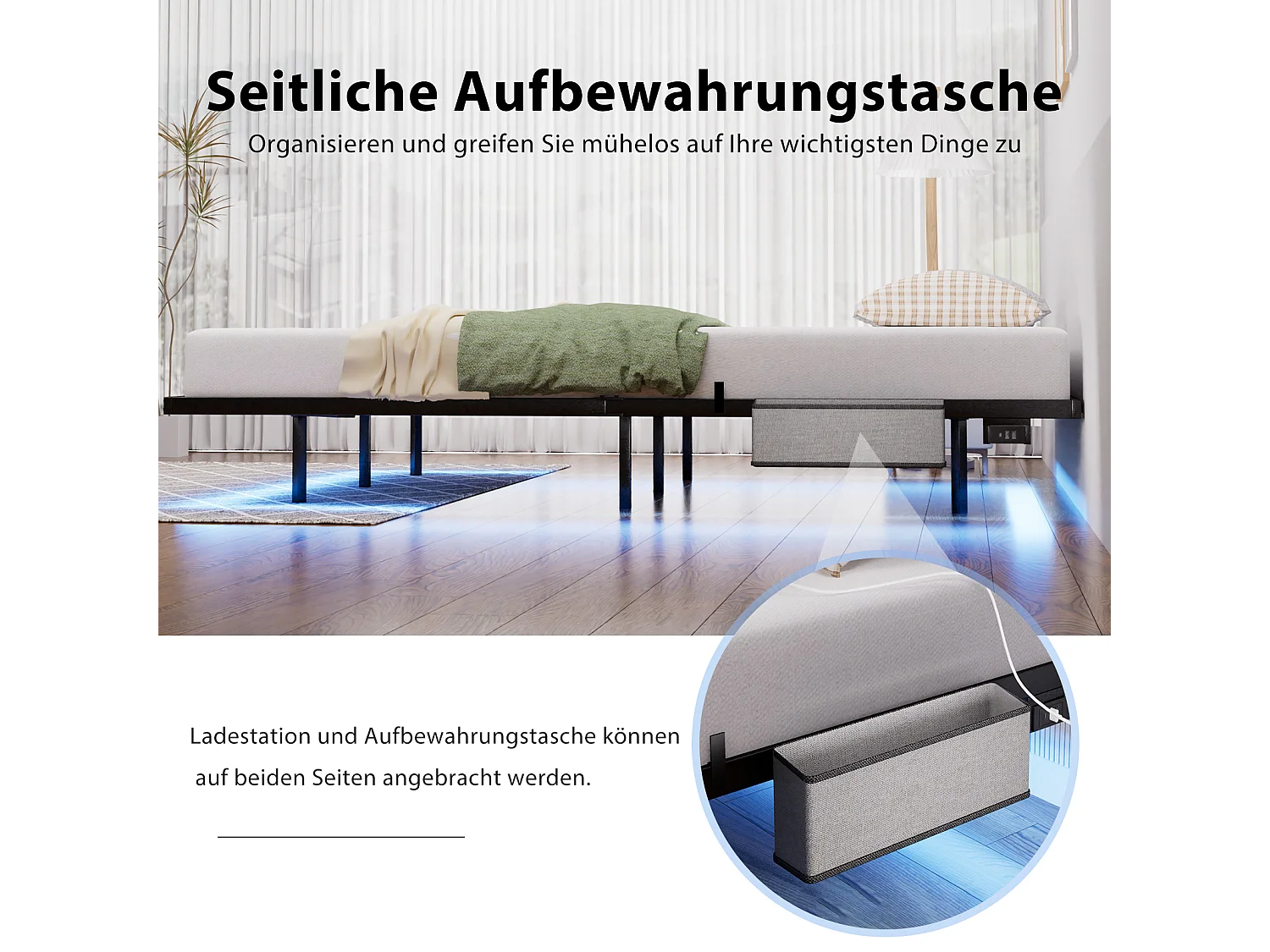 Lit suspendu 140x200 cm en métal, éclairage LED, sommier à lattes métallique, cadre robuste, facile à monter, pour chambre ado, noir