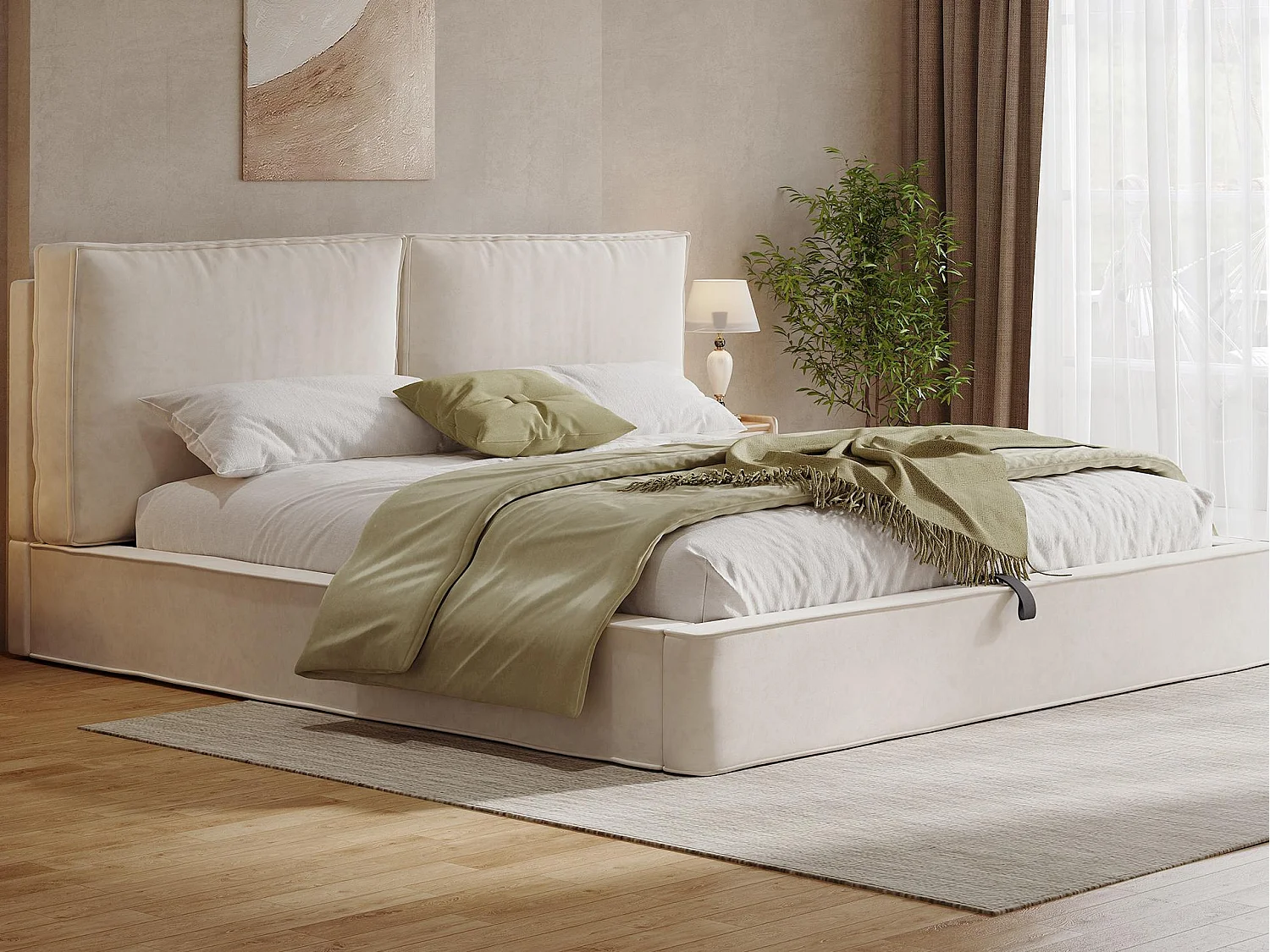 Letto contenitore imbottito 180x200 cm - con spazio di riporre - Tessuto di peluche - Beige (materasso non incluso)