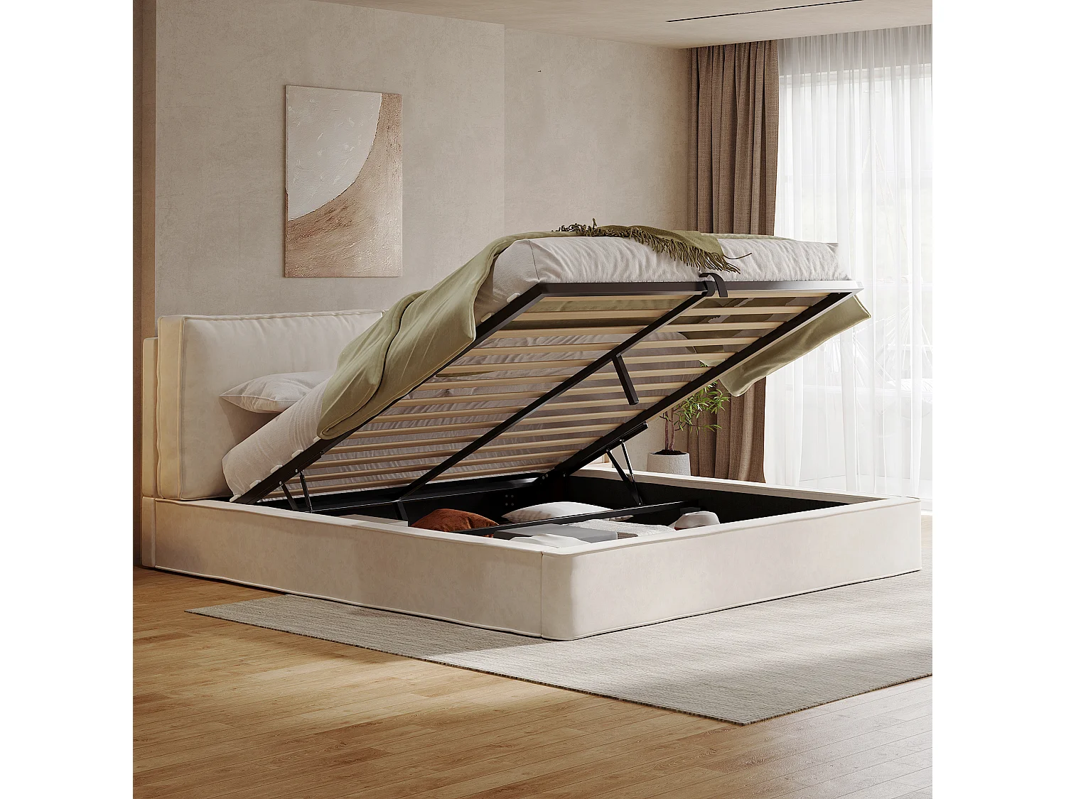 Letto contenitore imbottito 180x200 cm - con spazio di riporre - Tessuto di peluche - Beige (materasso non incluso)