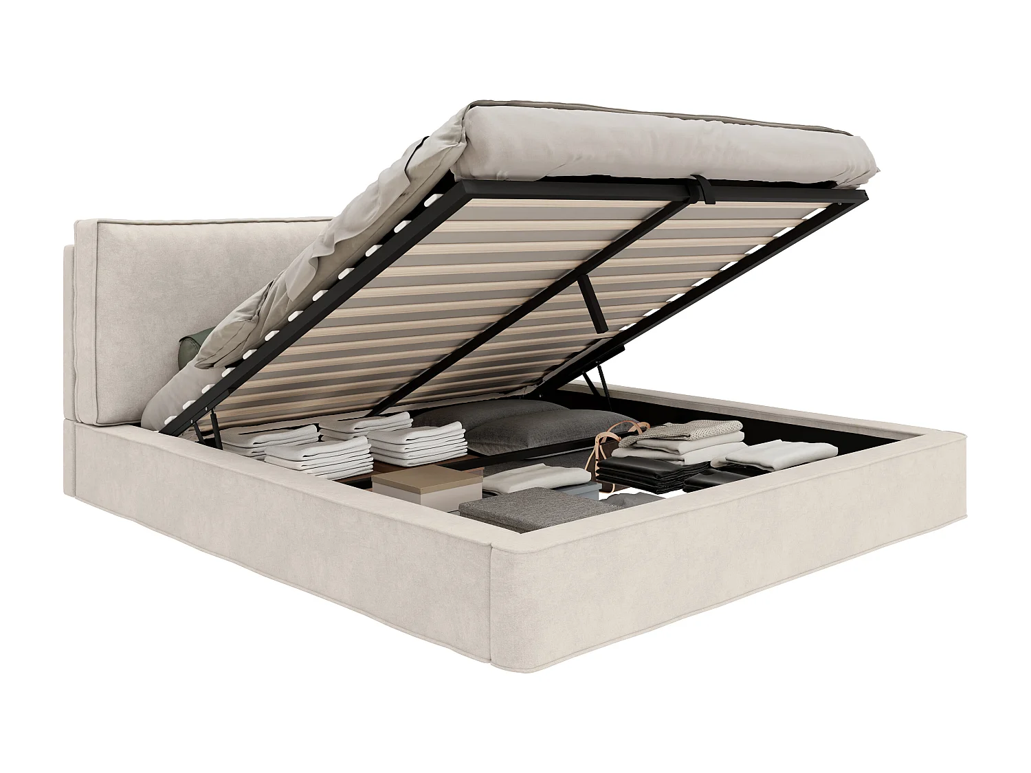 Letto contenitore imbottito 180x200 cm - con spazio di riporre - Tessuto di peluche - Beige (materasso non incluso)