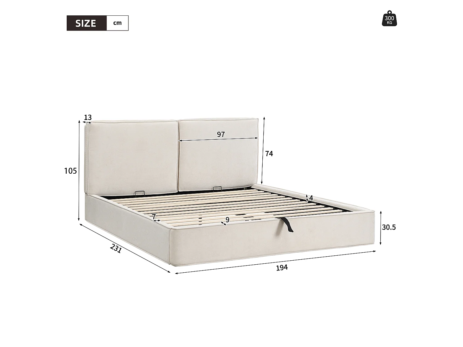 Klädd säng med förvaring 180x200 cm - med förvaringsutrymme - Chenille-tyg - Beige (madrass ingår ej)