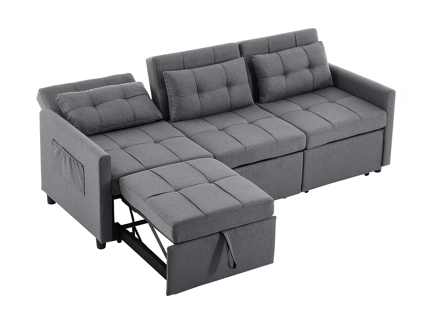 Canapé d'angle 3 places - Dossier réglable - Pliable pour un rangement - Mobile - Poches latérales - Gris