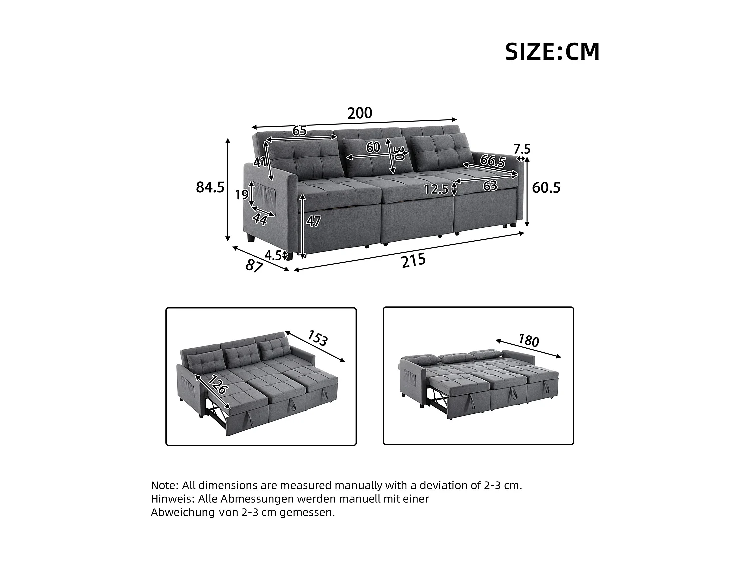 Canapé d'angle 3 places - Dossier réglable - Pliable pour un rangement - Mobile - Poches latérales - Gris