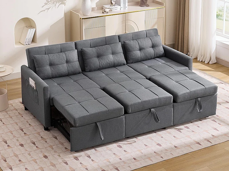 Canapé d'angle 3 places - Dossier réglable - Pliable pour un rangement - Mobile - Poches latérales - Gris