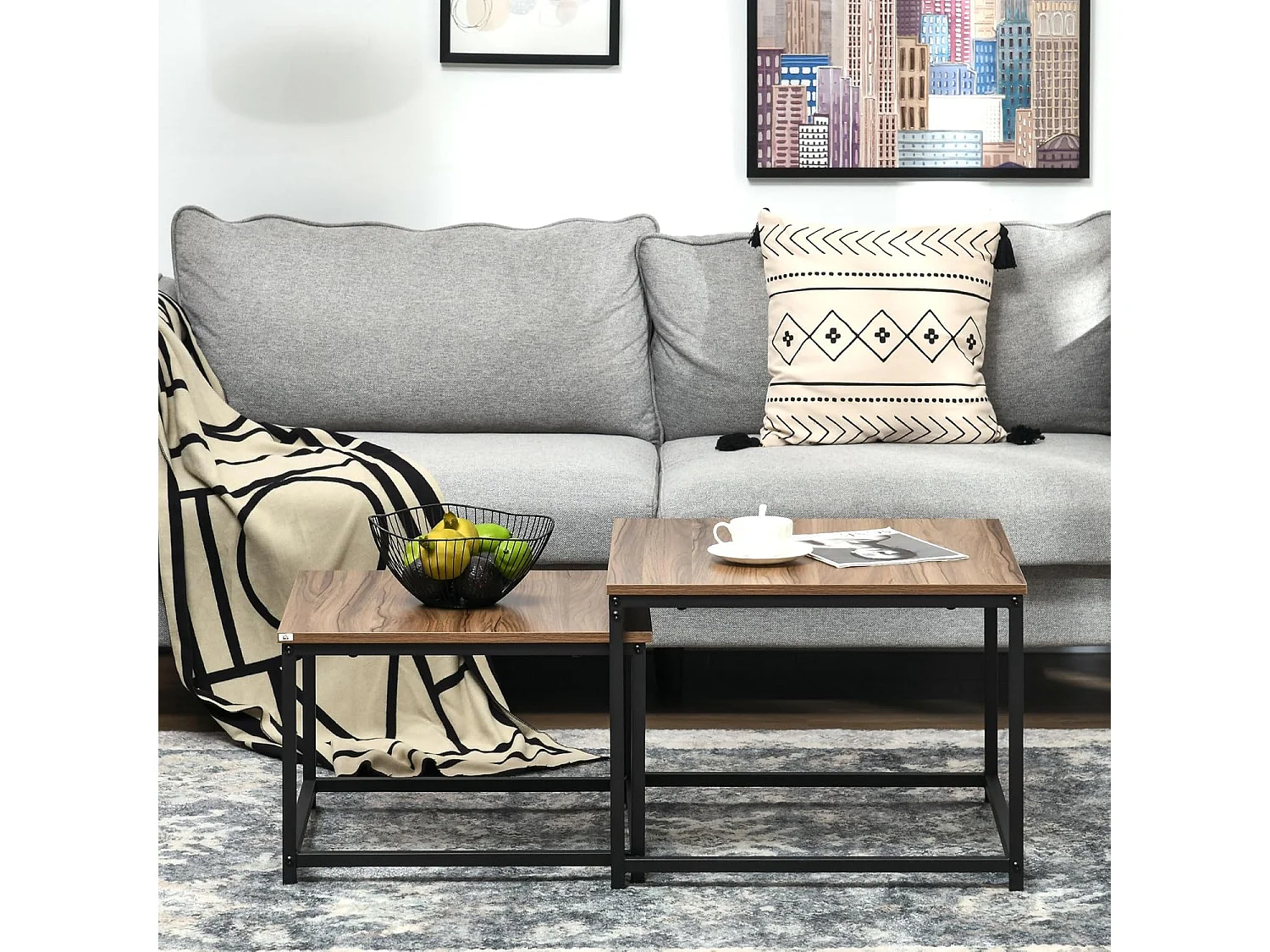 Conjunto de 2 mesas de centro encaixáveis 60/54, design industrial, empilháveis, para sala de estar, quarto, cor natural.