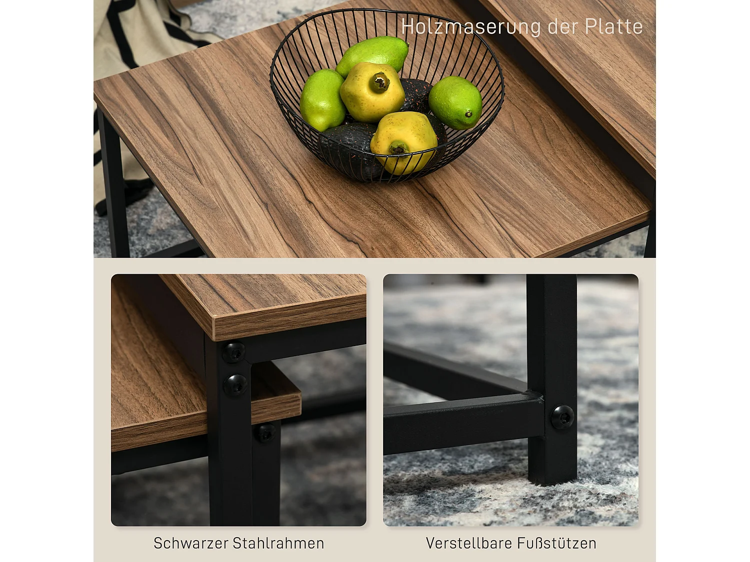 Conjunto de 2 mesas de centro encaixáveis 60/54, design industrial, empilháveis, para sala de estar, quarto, cor natural.