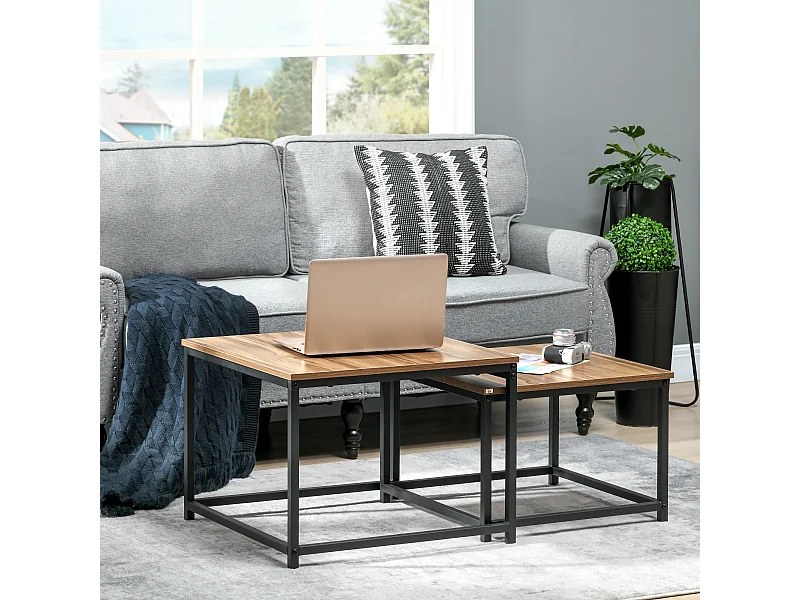 Lot de 2 Tables Basses gigognes 60/54 Design Industriel, empilables, pour Salon, Chambre, Naturelle