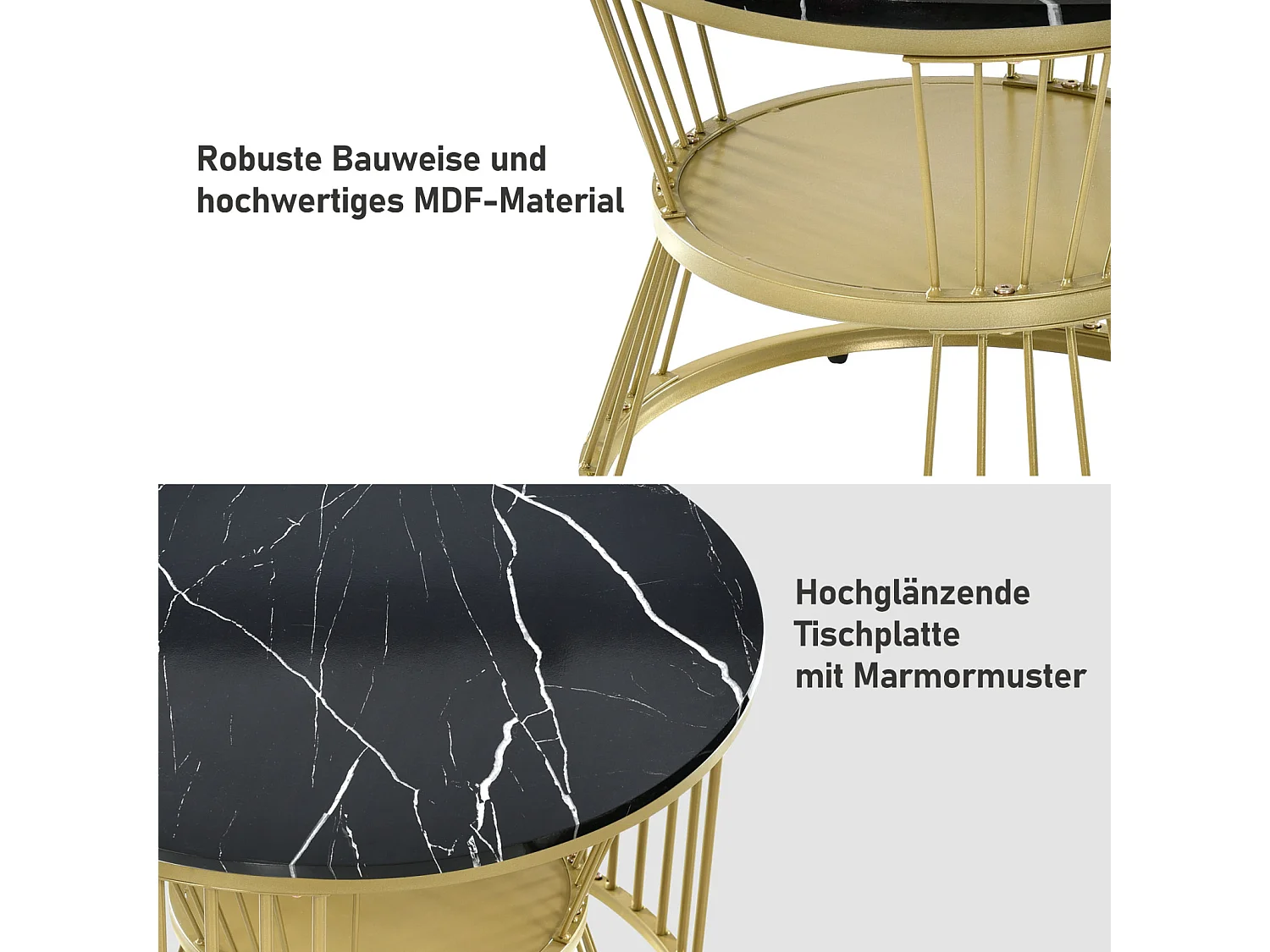 Lot de 2 tables basses rondes -  avec structure en marbre brillant - Pour salon - Doré et Noir