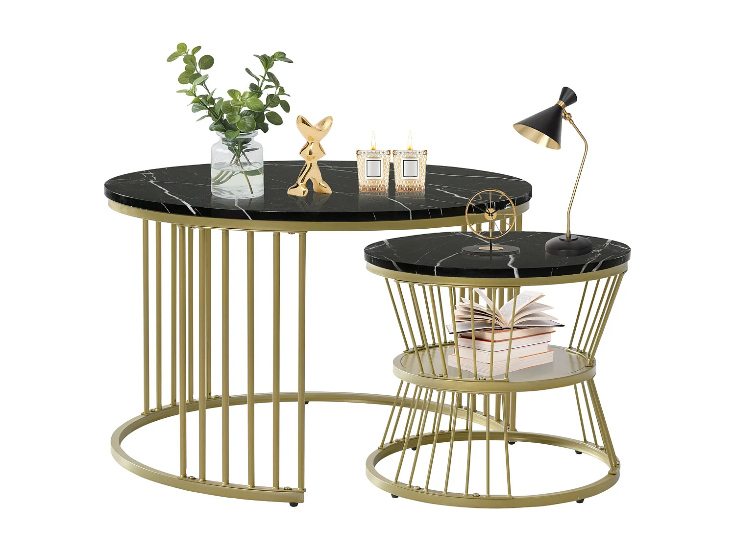 Set van 2 ronde salontafels - met glanzend marmeren onderstel - Voor woonkamer - Goud en Zwart
