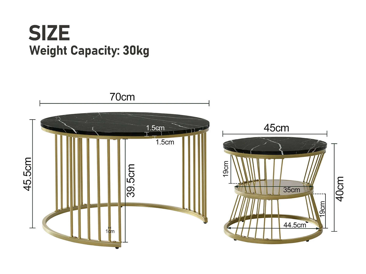 Set van 2 ronde salontafels - met glanzend marmeren onderstel - Voor woonkamer - Goud en Zwart