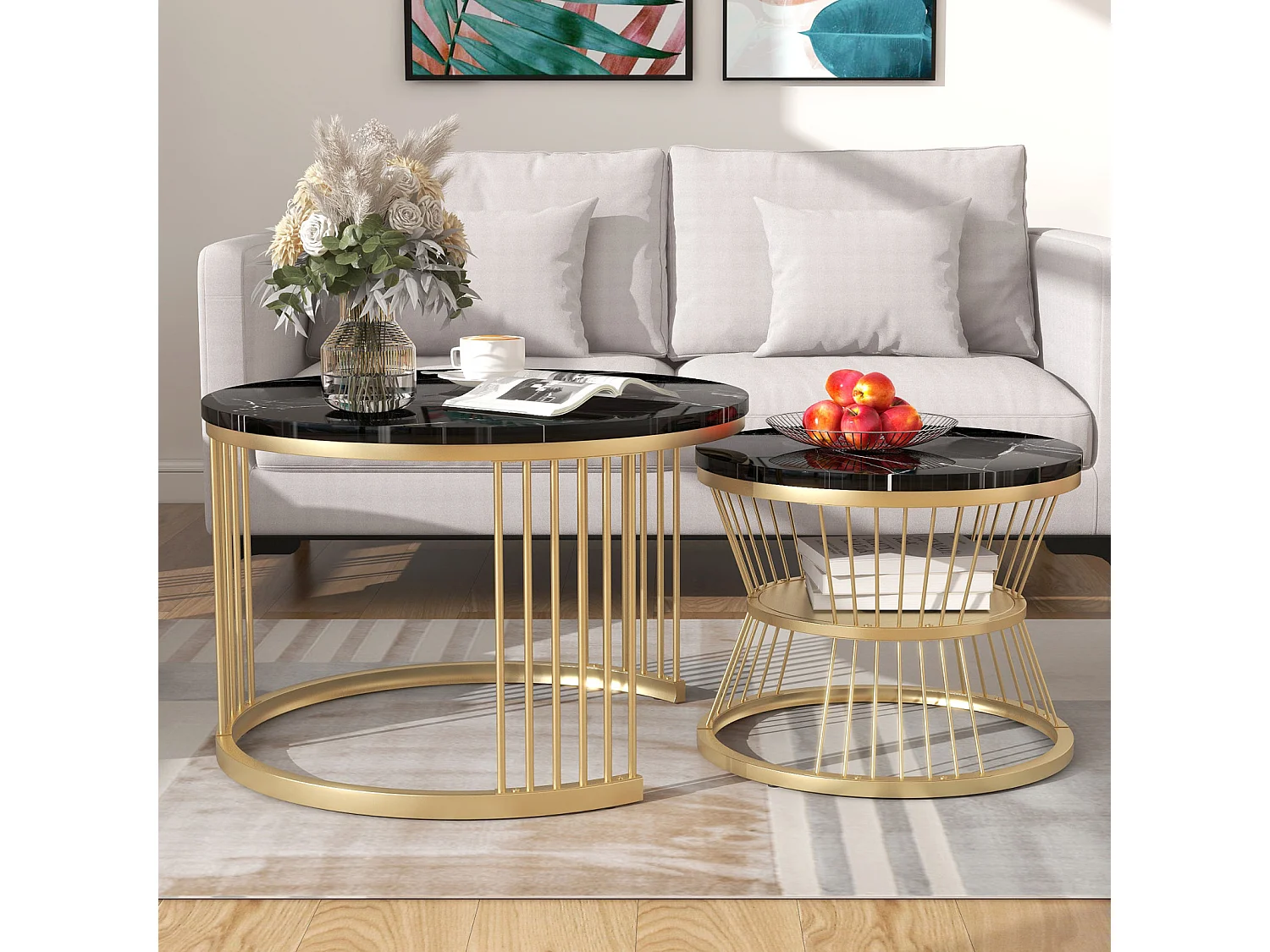 Set van 2 ronde salontafels - met glanzend marmeren onderstel - Voor woonkamer - Goud en Zwart
