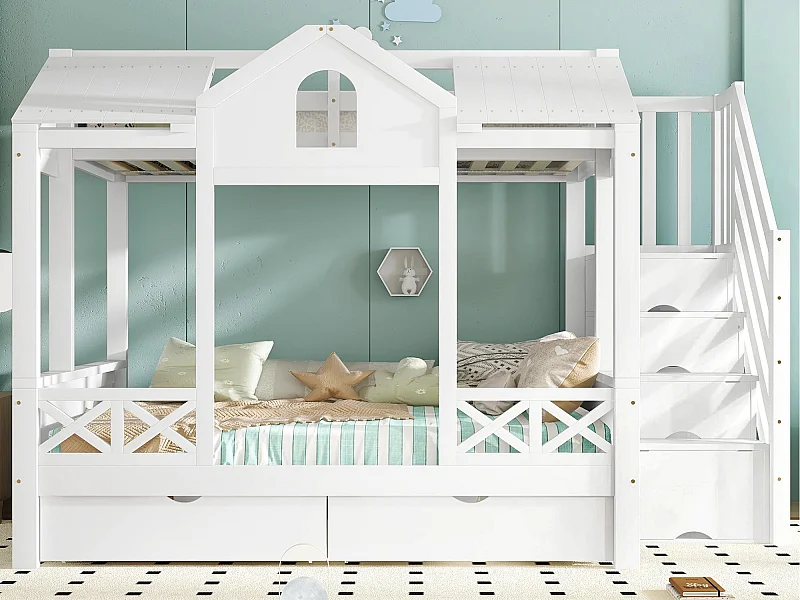 Lits superposé 90x200cm + 140x200cm - avec 2 tiroirs - avec des balustrades et des fenêtres - escalier avec rangement - Blanc (sans matelas)