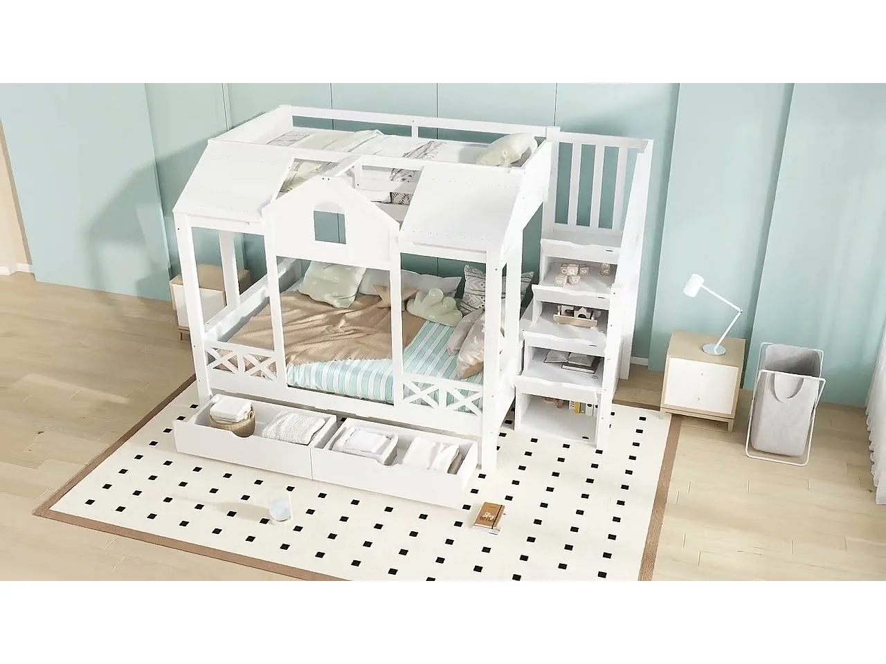 Lits superposé 90x200cm + 140x200cm - avec 2 tiroirs - avec des balustrades et des fenêtres - escalier avec rangement - Blanc (sans matelas)