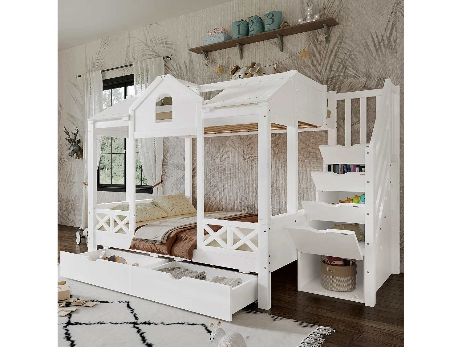 Lits superposé 90x200cm + 140x200cm - avec 2 tiroirs - avec des balustrades et des fenêtres - escalier avec rangement - Blanc (sans matelas)