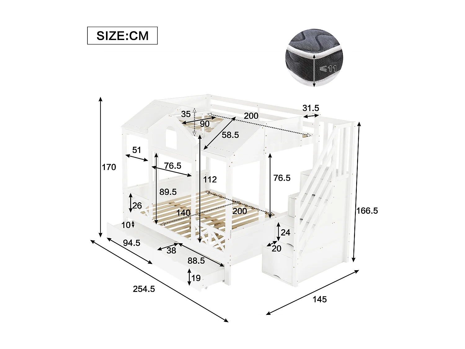 Lits superposé 90x200cm + 140x200cm - avec 2 tiroirs - avec des balustrades et des fenêtres - escalier avec rangement - Blanc (sans matelas)