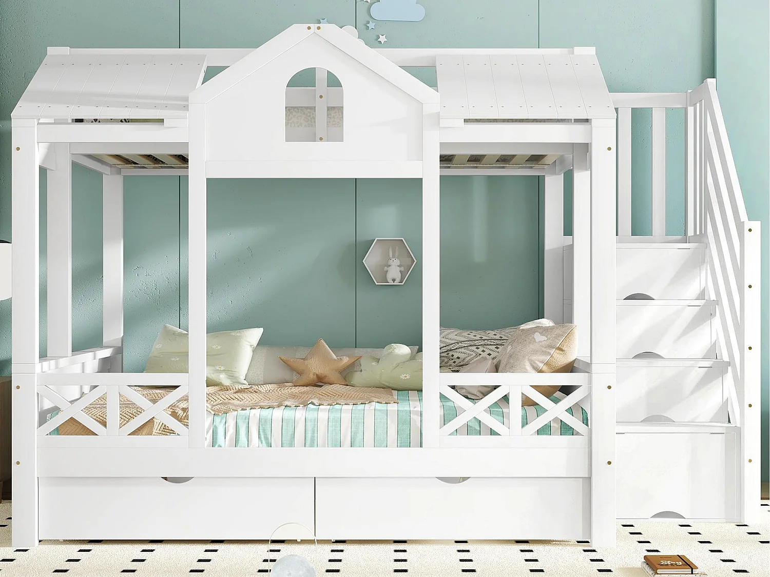 Letto a castello 90x200cm + 140x200cm - con 2 cassetti - con balaustre e finestre - scala con ripostiglio - Bianco (senza materasso)