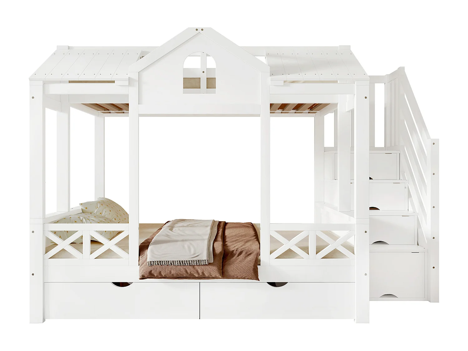 Letto a castello 90x200cm + 140x200cm - con 2 cassetti - con balaustre e finestre - scala con ripostiglio - Bianco (senza materasso)