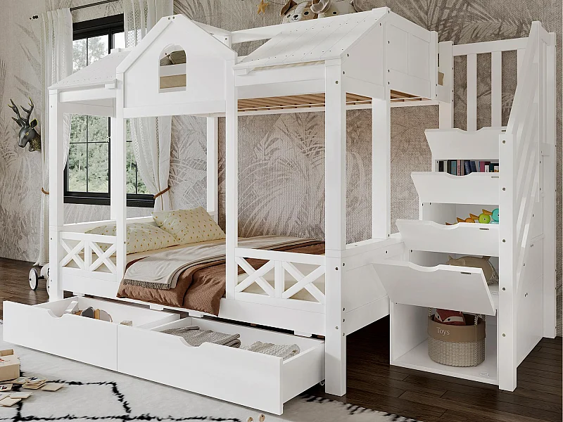 Lits superposé 90x200cm + 140x200cm - avec 2 tiroirs - avec des balustrades et des fenêtres - escalier avec rangement - Blanc (sans matelas)