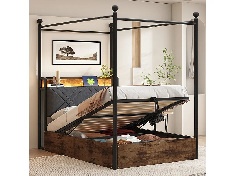 Wielofunkcyjne łóżko metalowe 90x190 cm z hydraulicznym schowkiem, żelaznym baldachimem, wyjmowanymi słupkami, oświetleniem LED i portami USB/Typ-C,czarne