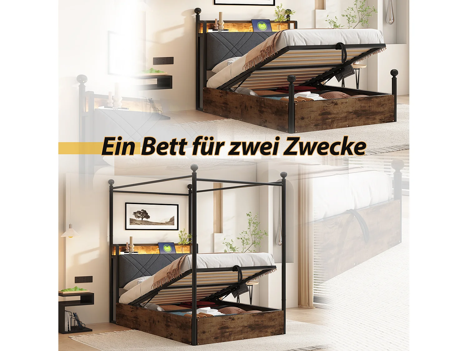 Wielofunkcyjne łóżko metalowe 90x190 cm z hydraulicznym schowkiem, żelaznym baldachimem, wyjmowanymi słupkami, oświetleniem LED i portami USB/Typ-C,czarne