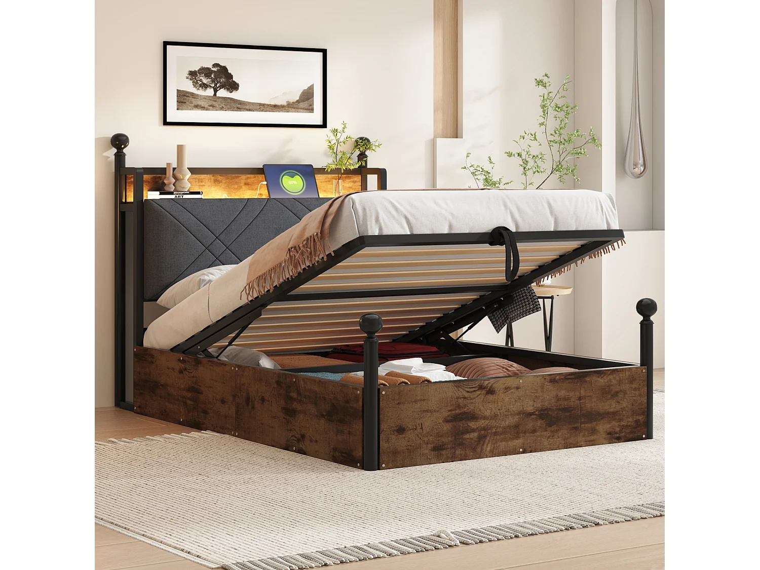 Lit multifonction 90x190 cm en métal avec rangement hydraulique, canopy en fer forgé, poteaux amovibles, LED et ports USB/Type-C, pour adolescent, noir