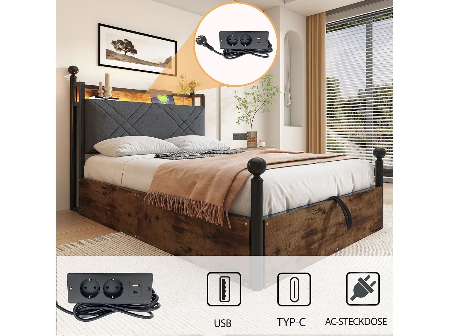 Lit multifonction 90x190 cm en métal avec rangement hydraulique, canopy en fer forgé, poteaux amovibles, LED et ports USB/Type-C, pour adolescent, noir