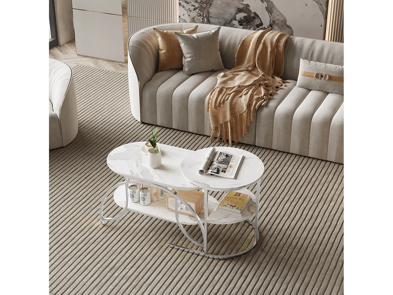 Set di 2 tavolini da caffè impilabili, tavolino da caffè rotondo in marmo, tavolini laterali rotondi, argento + bianco