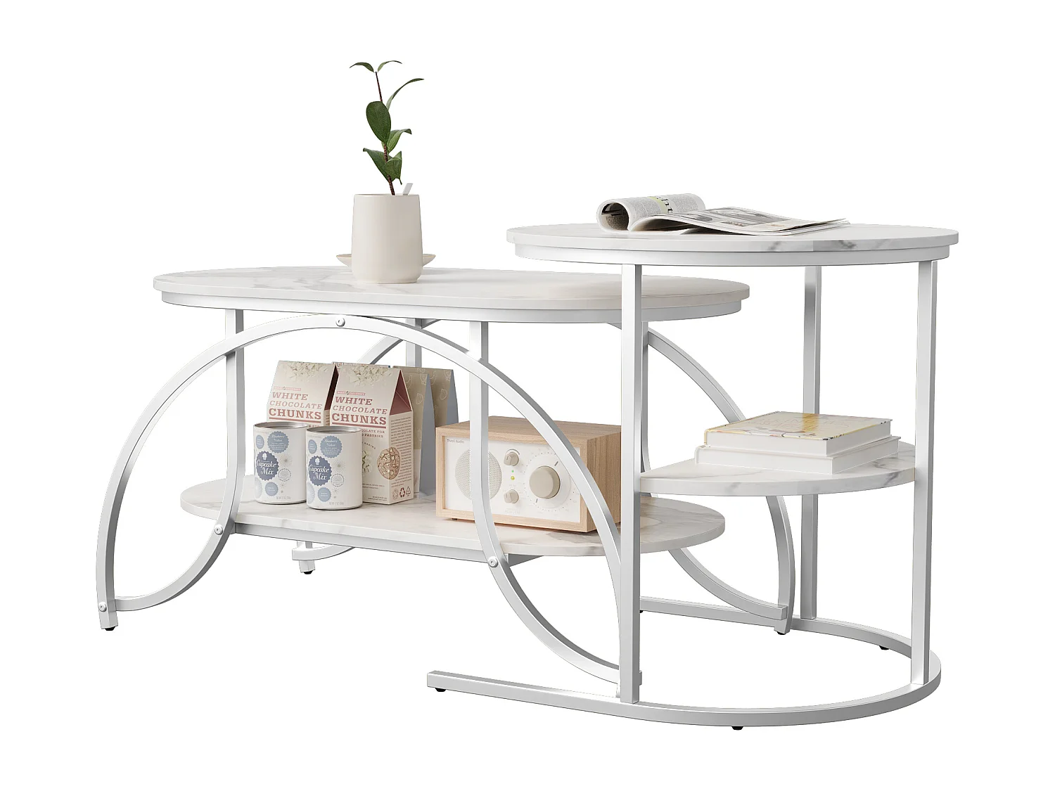 Lot de 2 Tables Basses gigognes, Table Basse Ronde en marbre, Tables d'appoint Ronde, Argent + Blanc