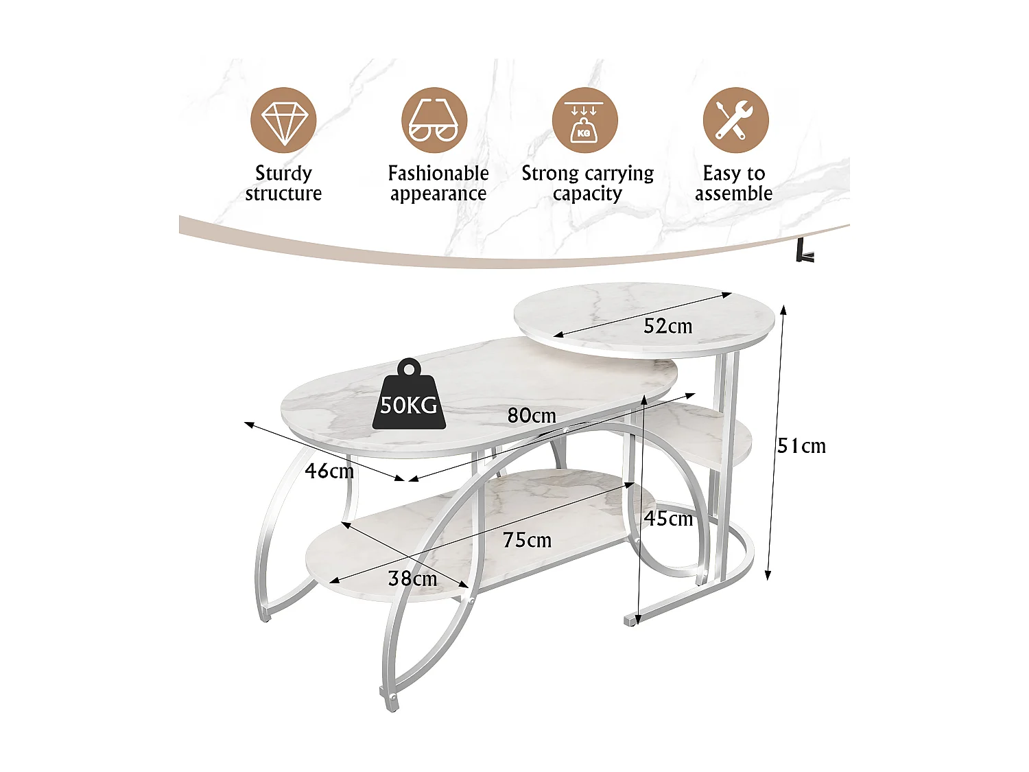 Lot de 2 Tables Basses gigognes, Table Basse Ronde en marbre, Tables d'appoint Ronde, Argent + Blanc