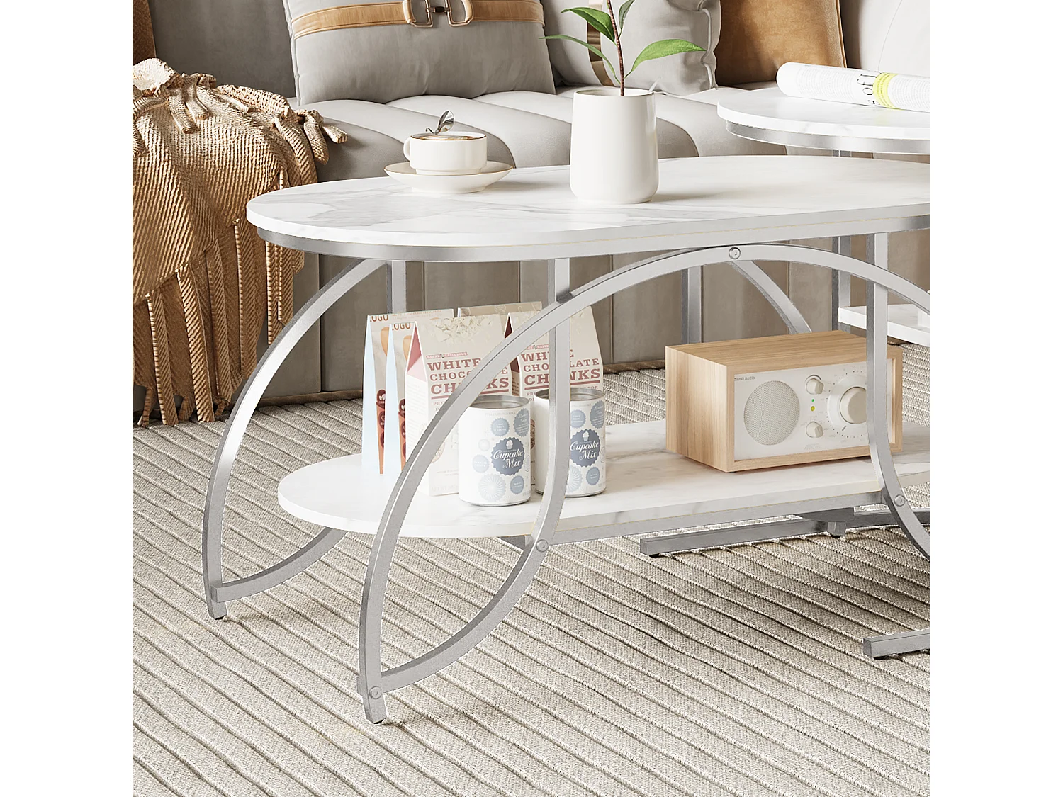 Lot de 2 Tables Basses gigognes, Table Basse Ronde en marbre, Tables d'appoint Ronde, Argent + Blanc