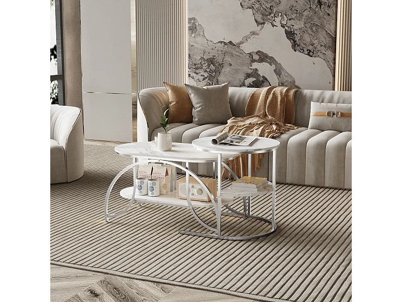 Set di 2 tavolini da caffè impilabili, tavolino da caffè rotondo in marmo, tavolini laterali rotondi, argento + bianco